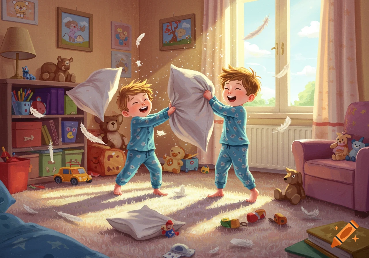 Two smiling cartoon boys in blue pajamas have a pillow fight in a sunlit bedroom, with feathers flying around.