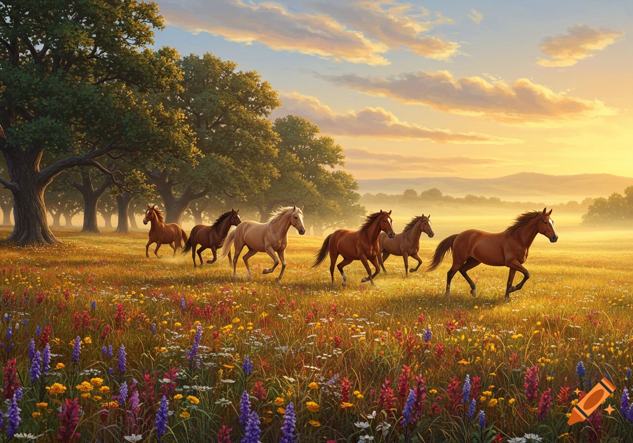 Multiple horses gallop through a sunlit meadow with colorful wildflowers and large trees under a golden, cloudy sky. Digital painting.
