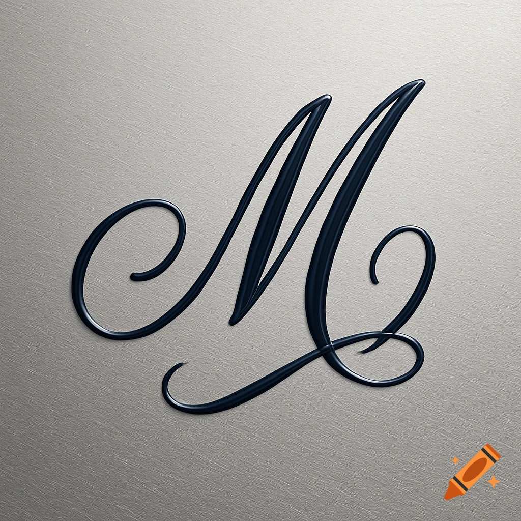 An elegant dark blue embossed script letter M on a brushed silver metallic background.