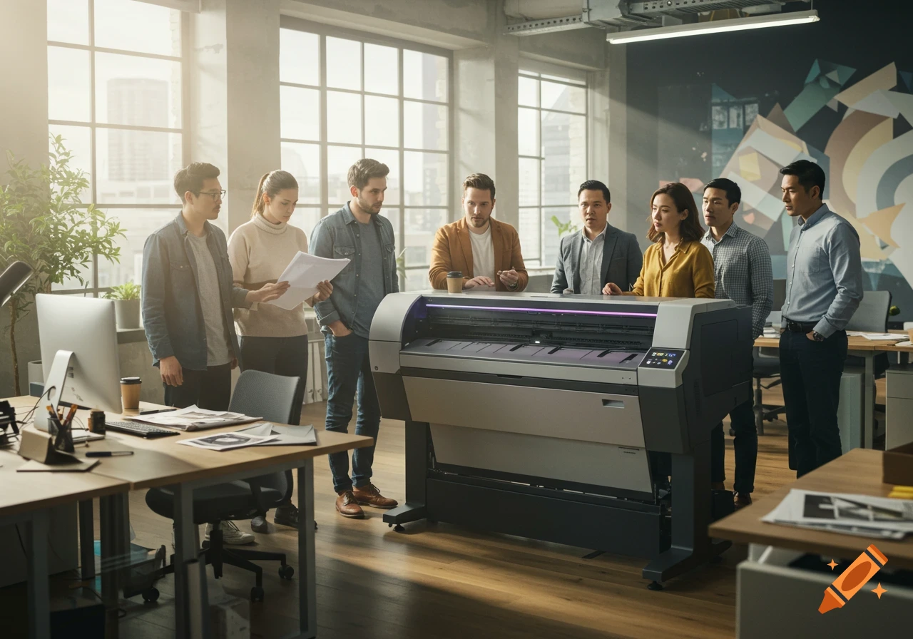 Diverse professionals in a modern office gather around a large format printer, appearing to operate it. Photorealistic.