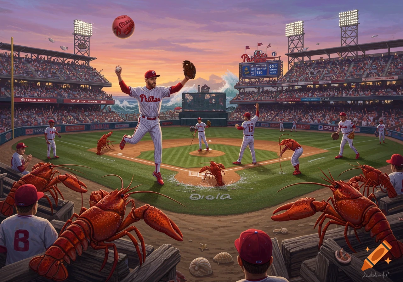 An epic baseball game with players in Phillies uniforms, but lobsters are crawling across the field. A large wave crashes behind the stadium.
