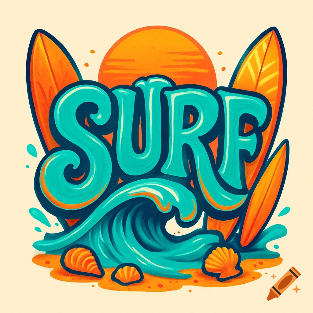 Colorful surf-style logo featuring the word 'SURF', two surfboards, waves, a sun, and seashells.