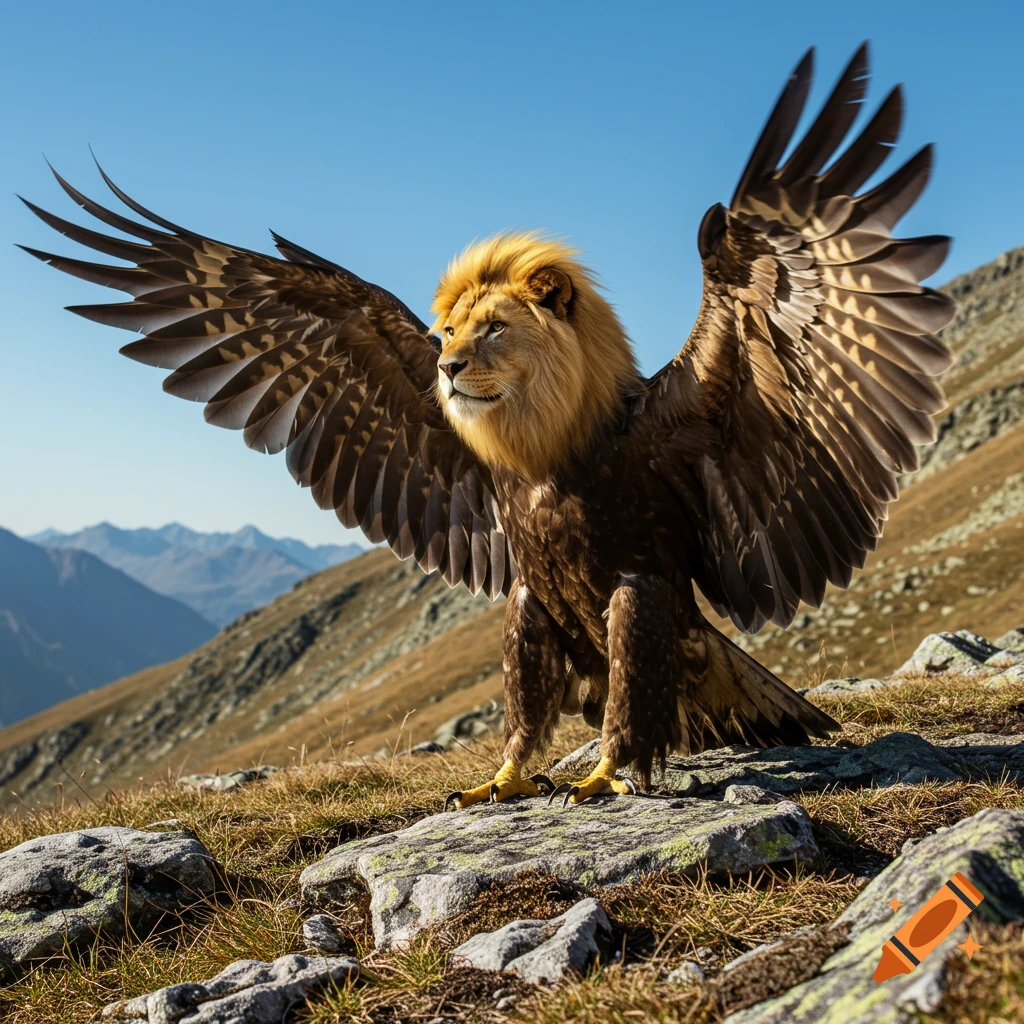 Photorealistic lion-headed eagle with outstretched wings standing on rocks in a sunny mountain landscape.