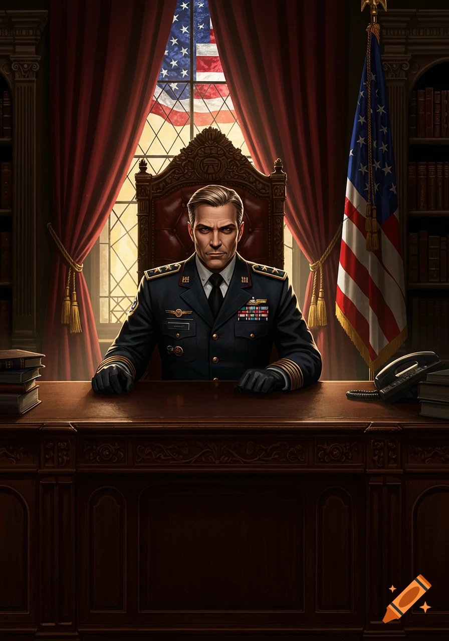 A stern man in a dark military uniform sits at a grand wooden desk, an American flag visible through a window behind him and another to his right in a formal office.