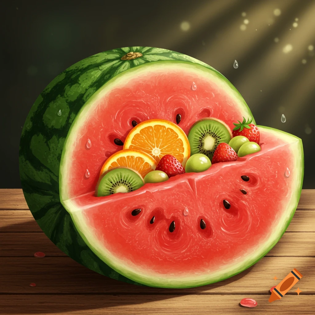 A half-cut watermelon filled with oranges, kiwis, strawberries, and grapes sits on a wooden table, glistening with water droplets.