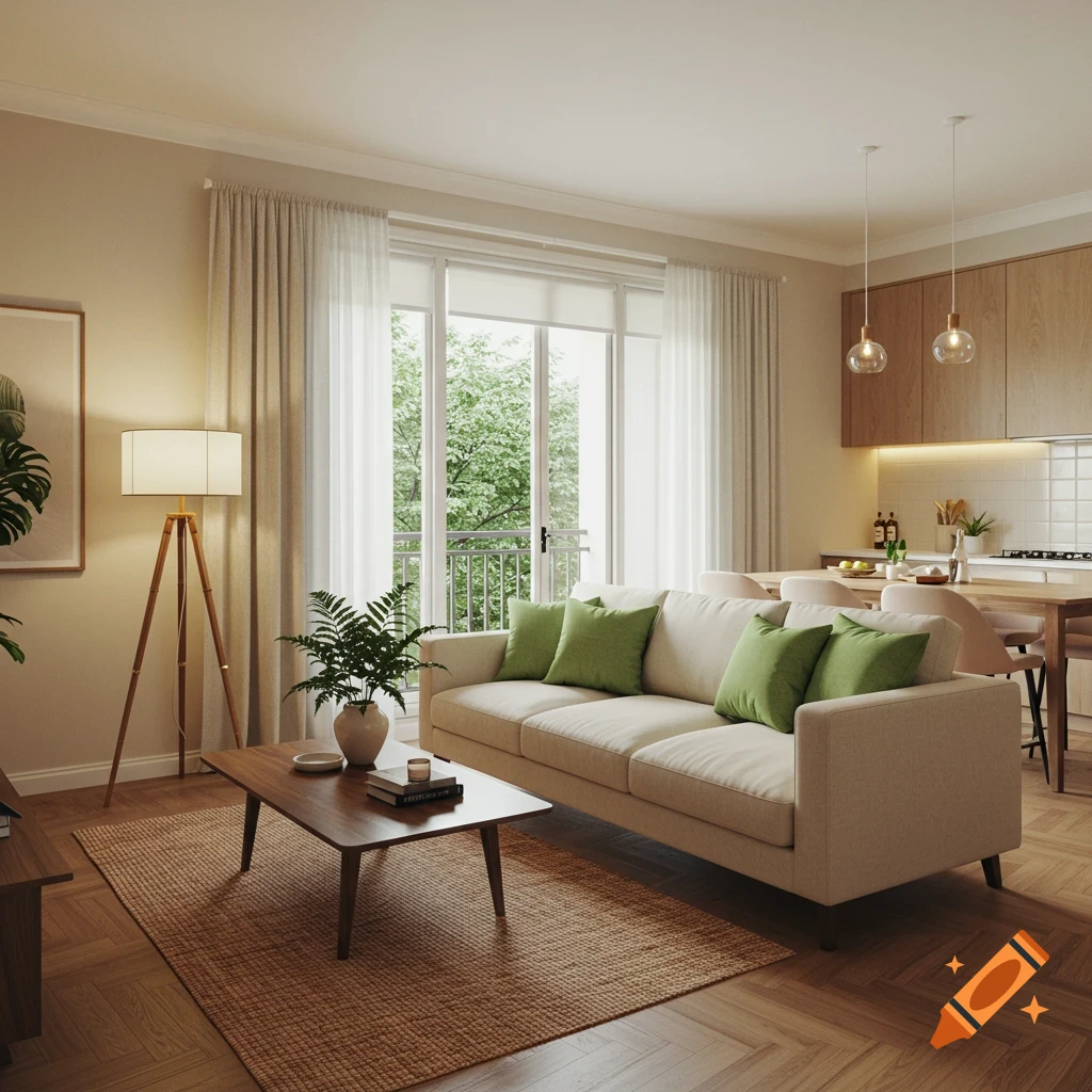 A warm, modern apartment living room and open-plan kitchen. Beige sofa with green pillows, wood coffee table, plant, lamp, large window overlooks trees.