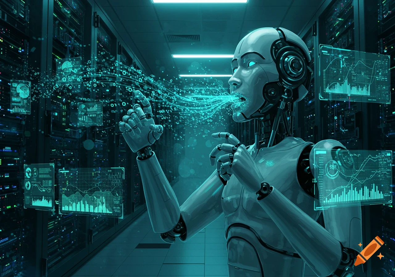A humanoid robot processes glowing blue data particles and holographic screens in a dark, futuristic server room.