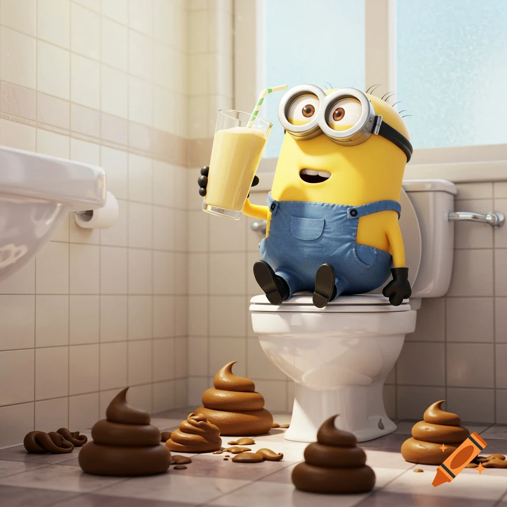 A cartoon Minion sits on a toilet, drinking from a glass with a straw, surrounded by stylized piles of poop on a tiled bathroom floor.
