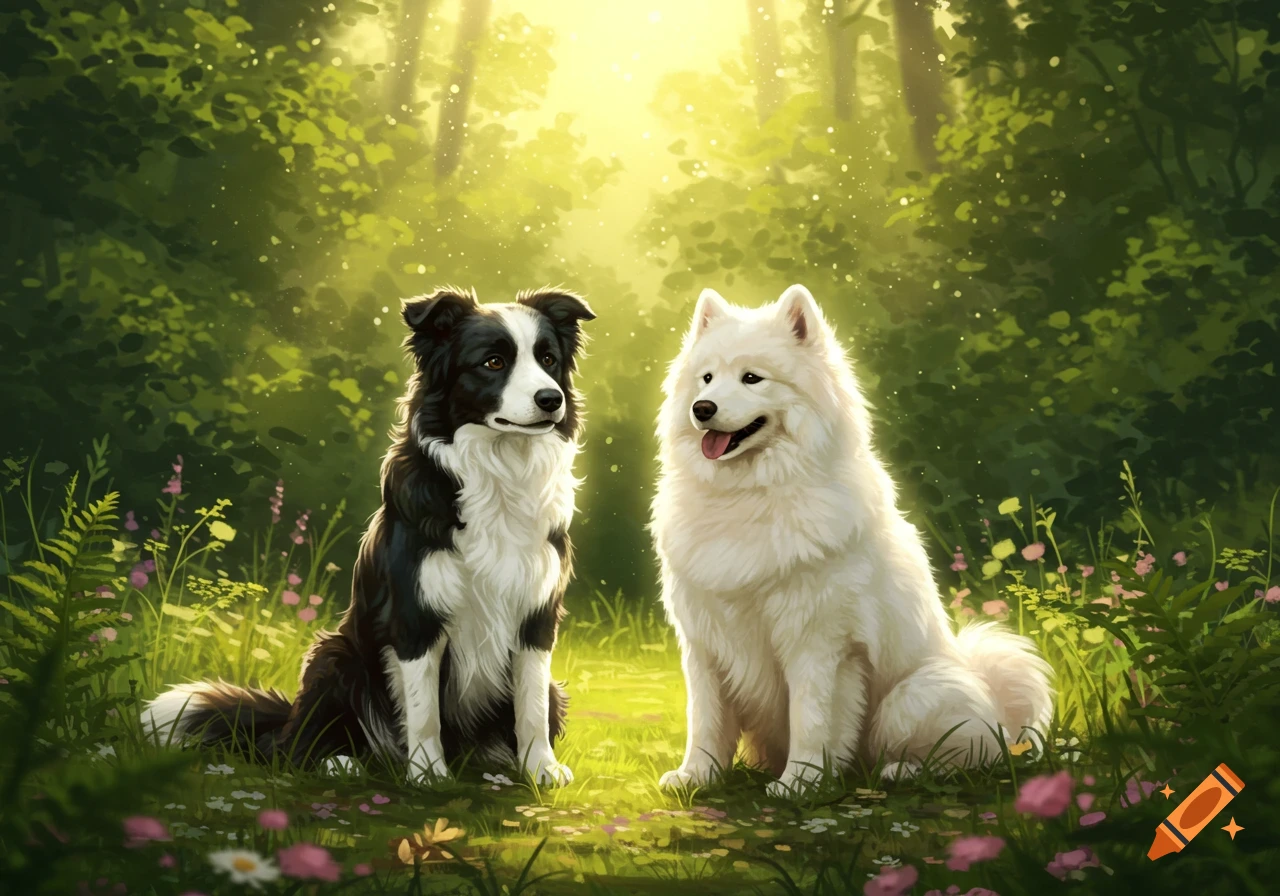 A black and white Border Collie and a fluffy white Samoyed sit side-by-side in a sun-drenched forest clearing with wildflowers.