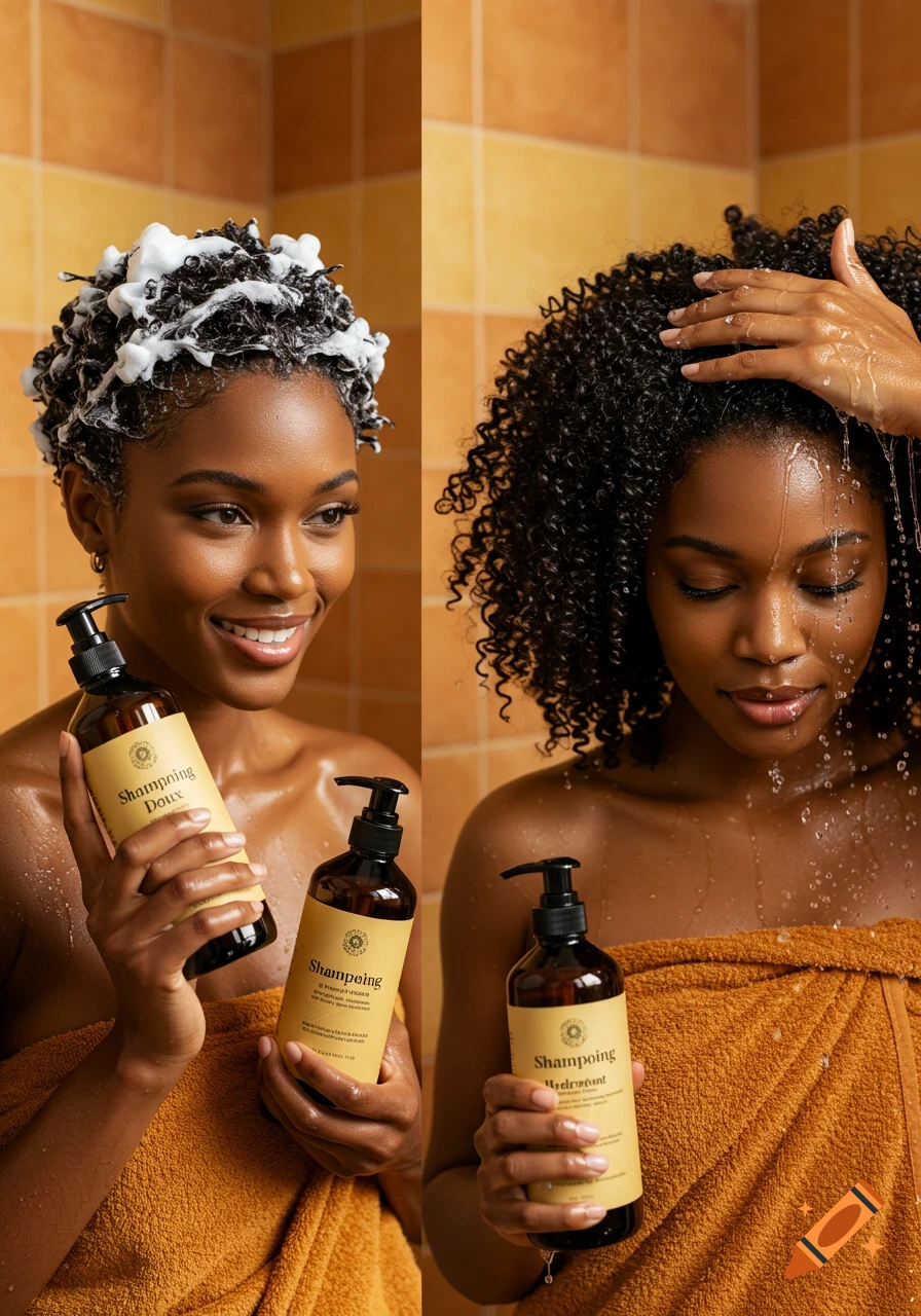 A diptych of a Black woman showering. On the left, she smiles with foamy hair, holding two shampoo bottles. On the right, she rinses her wet, curly hair, holding a shampoo bottle.