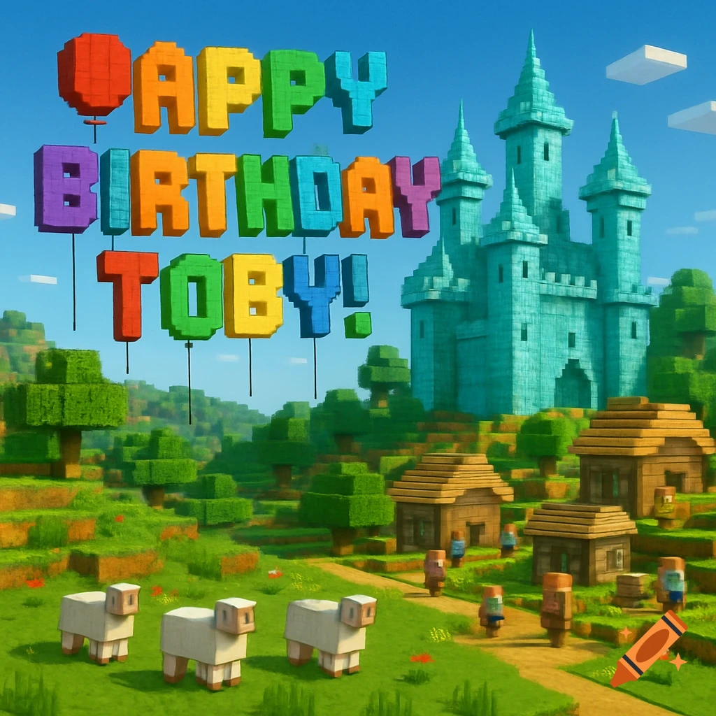 A Minecraft-style landscape with a blue castle, houses, sheep, and villagers, under a blue sky, with large block letters spelling 'HAPPY BIRTHDAY TOBY!' floating above.
