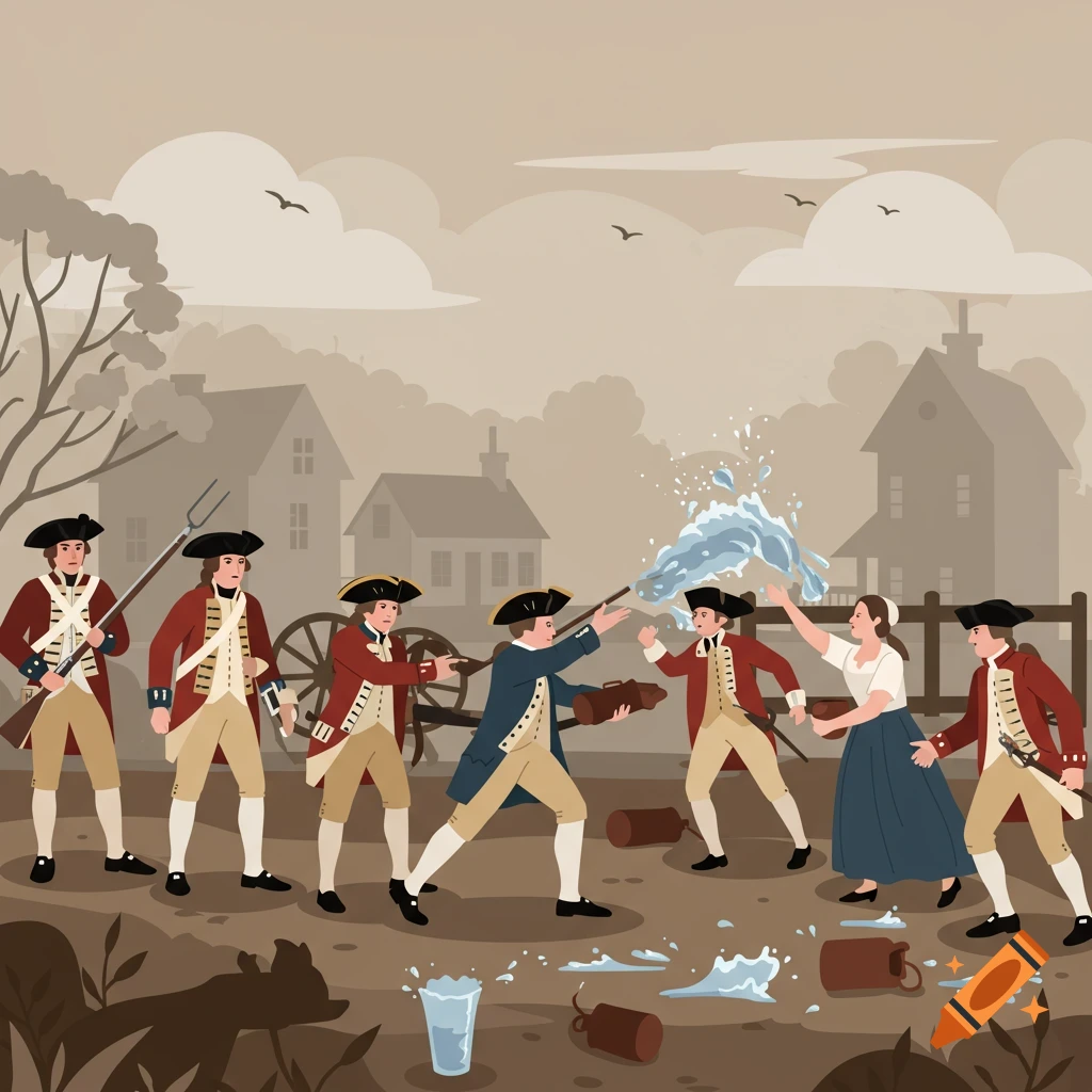 Flat illustration of colonists throwing water at British soldiers in a colonial village.