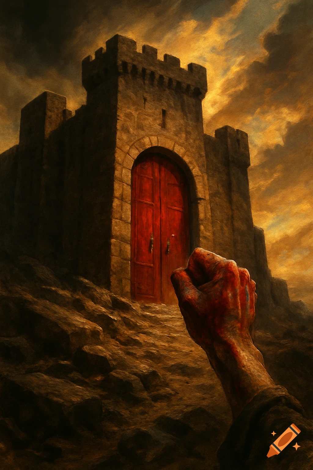 A bloody fist reaches for a large, red, arched door on a dark stone castle under a dramatic, orange-lit cloudy sky.