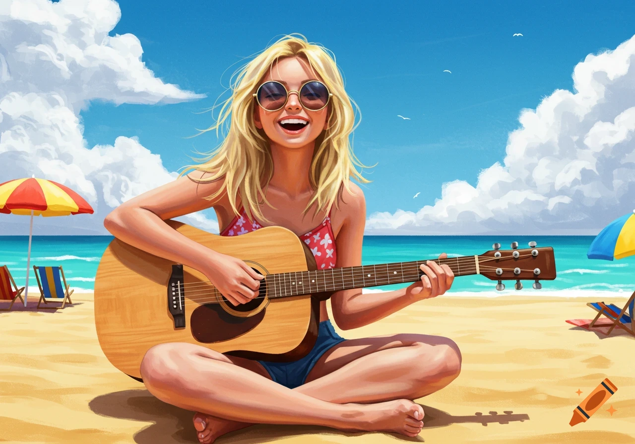 A smiling blonde woman in sunglasses and a red patterned swimsuit plays an acoustic guitar on a sunny beach.