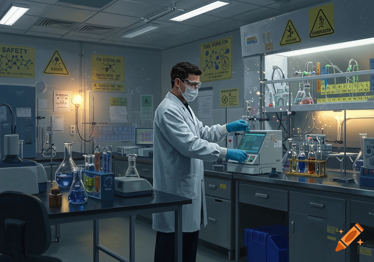A scientist in a lab coat, mask, and safety goggles works at a chemical laboratory bench with beakers, flasks, and a machine. Sparks fly in the fume hood.