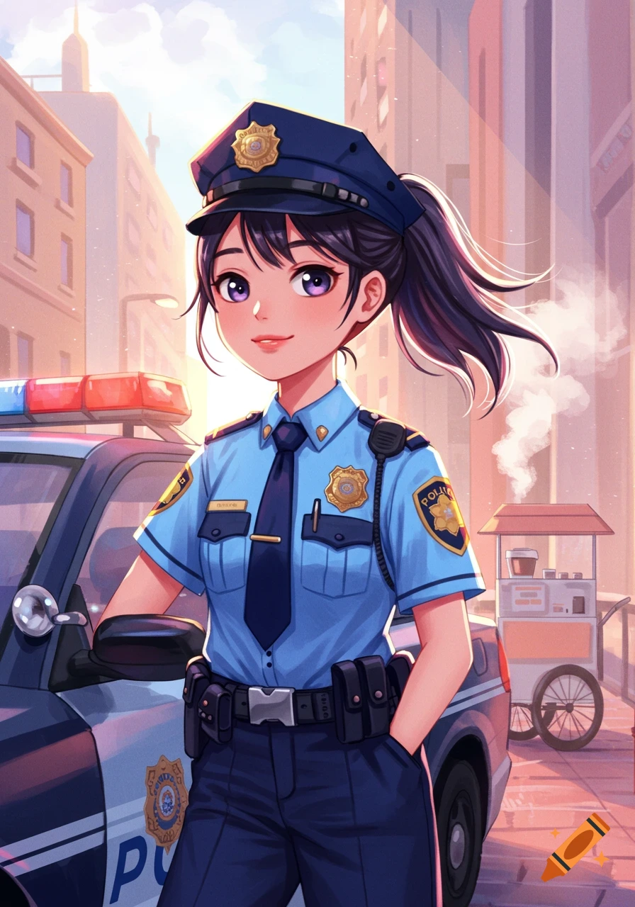 Anime-style police officer standing next to a patrol car on a city street at sunset.