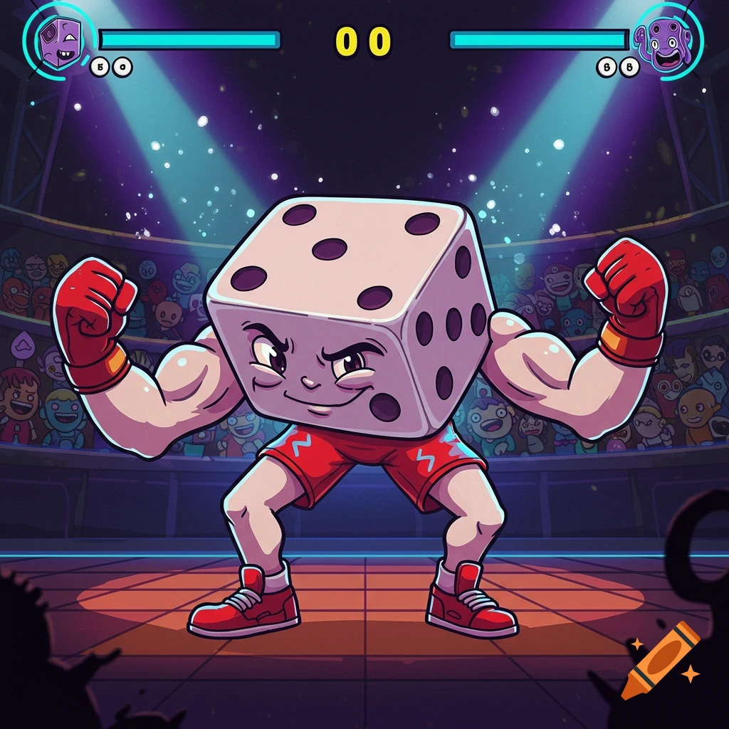 A muscular cartoon dice character with boxing gloves and shorts poses in a brightly lit fighting ring, with a crowd and game UI elements.