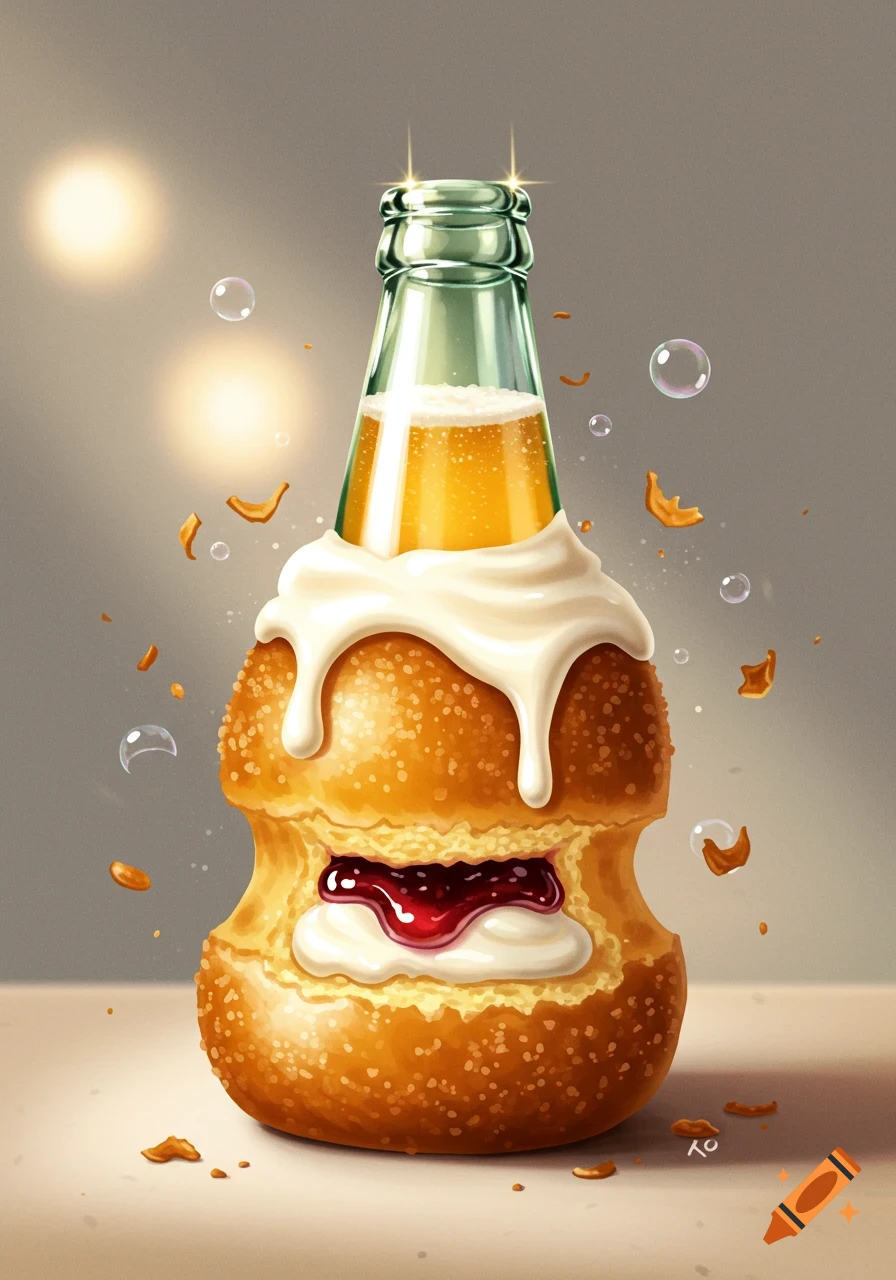 A whimsical illustration of a Berliner Pfannkuchen (donut) and beer bottle hybrid, filled with cream and jam, topped with a foamy golden liquid, on a grey background.