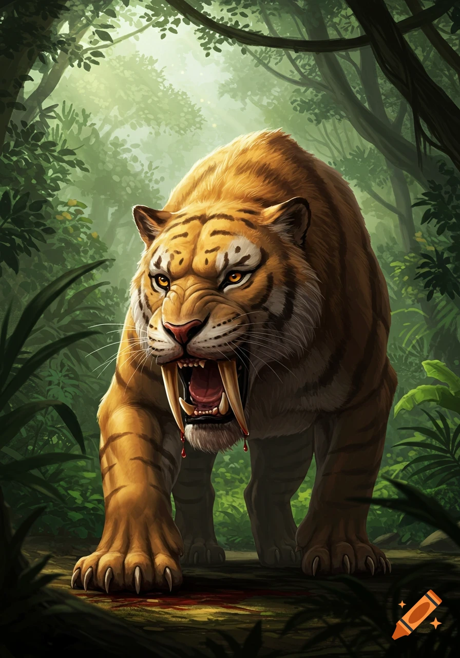 A fierce, orange-striped sabretooth tiger with blood dripping from its mouth and fangs stands in a lush, green jungle, illustrated.