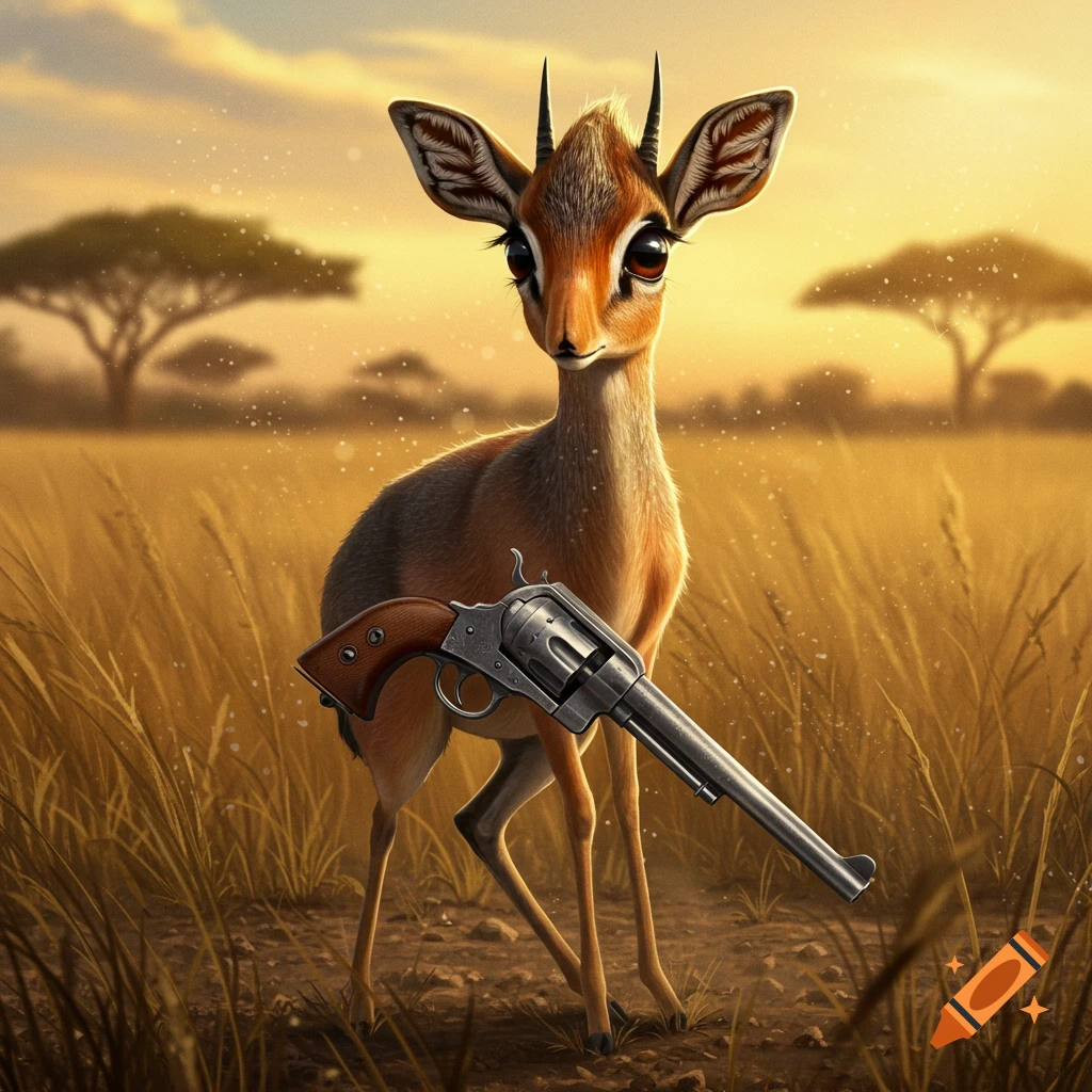 A stylized dik-dik with large eyes stands in a golden savanna, holding a revolver.