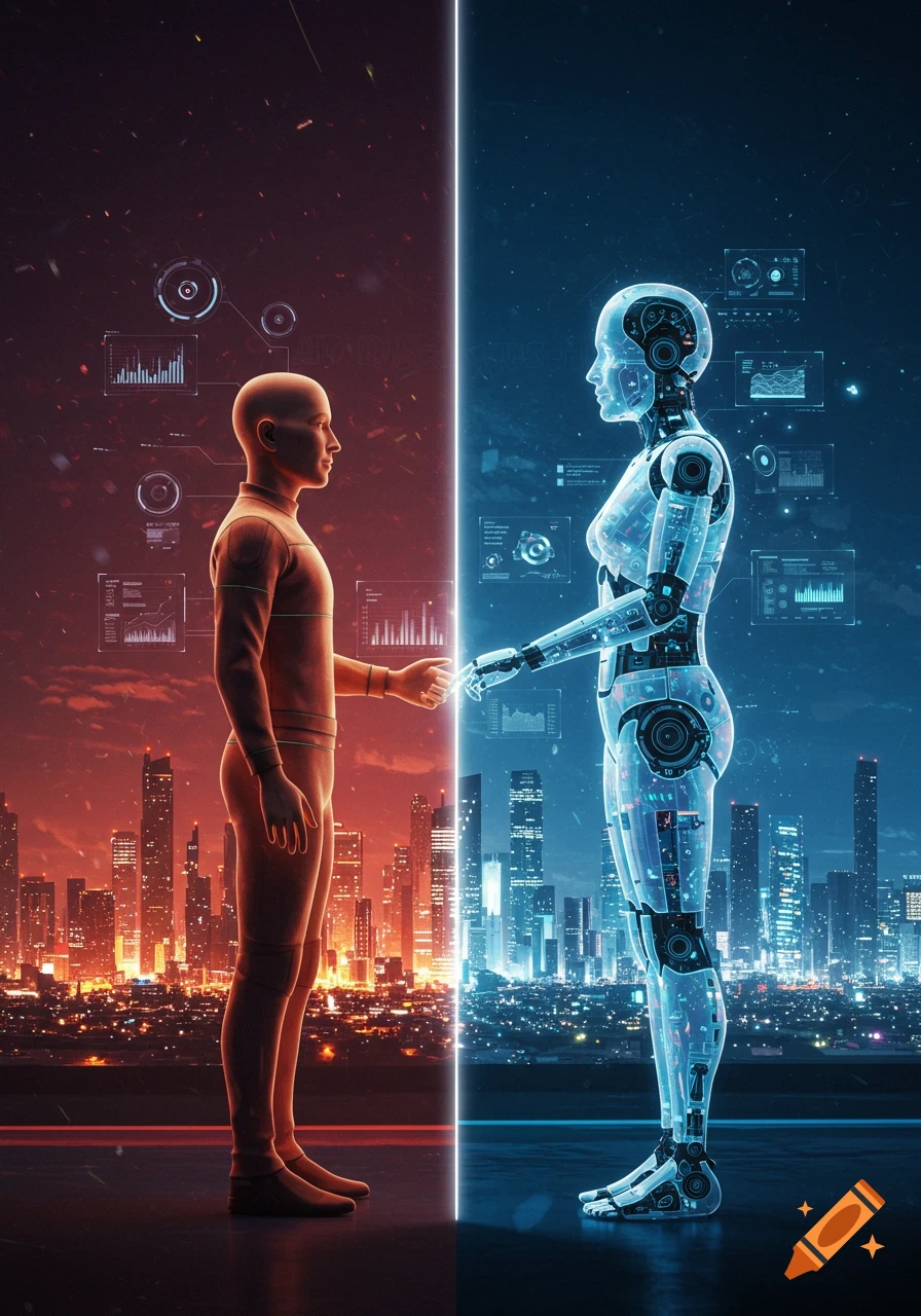 A human-like figure and a translucent robot figure reach out to each other, separated by a vertical beam of light, against a backdrop of glowing cityscapes and holographic data displays.