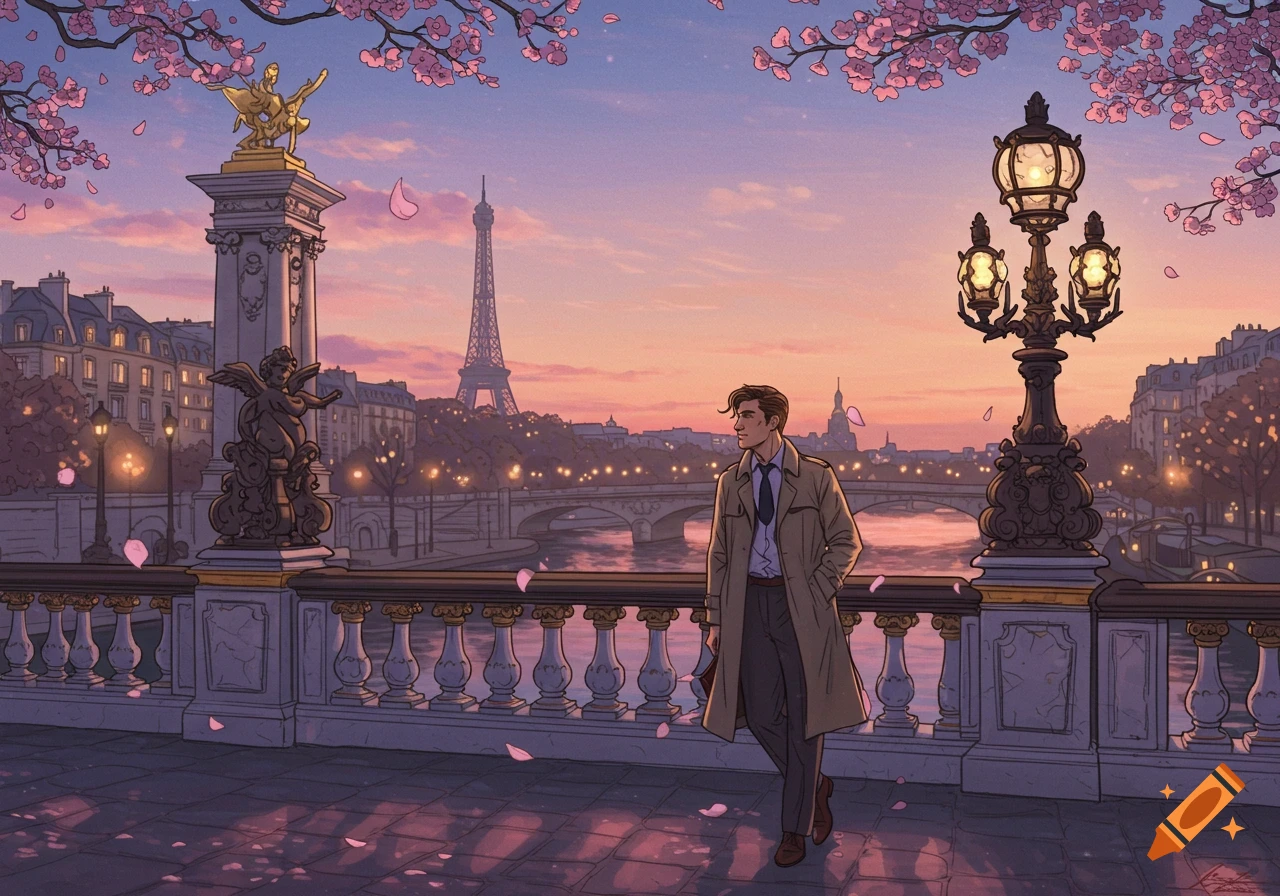 An illustrated man in a trench coat walks on a bridge in Paris, with the Eiffel Tower and cherry blossoms at sunset.