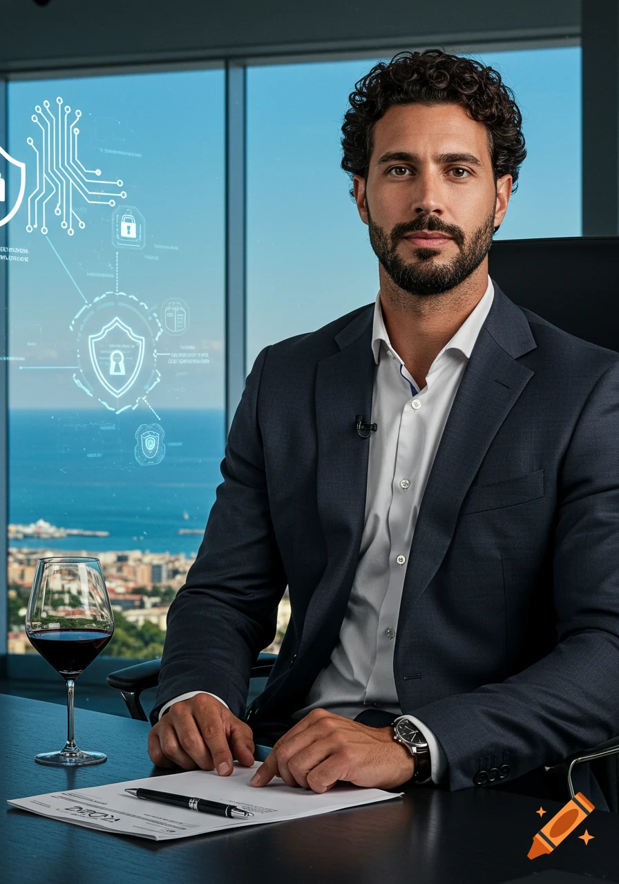 Photorealistic portrait of a serious man with curly hair and beard in a suit, sitting at a desk with a glass of wine and cybersecurity graphics in a modern office overlooking the sea.
