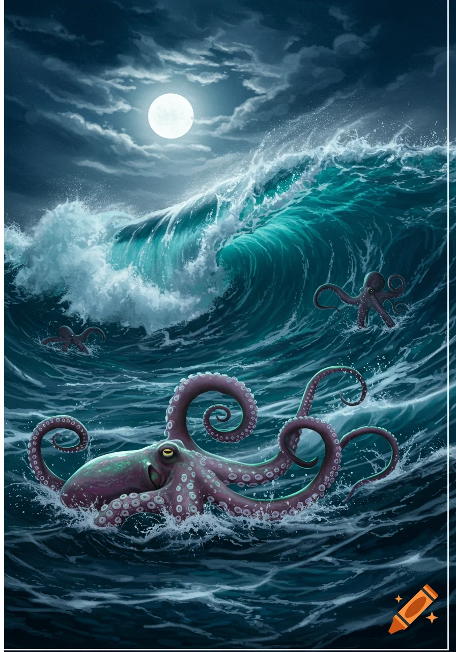 A large purple octopus and smaller ones swim in a stormy, moonlit ocean with crashing teal waves, illustration style.