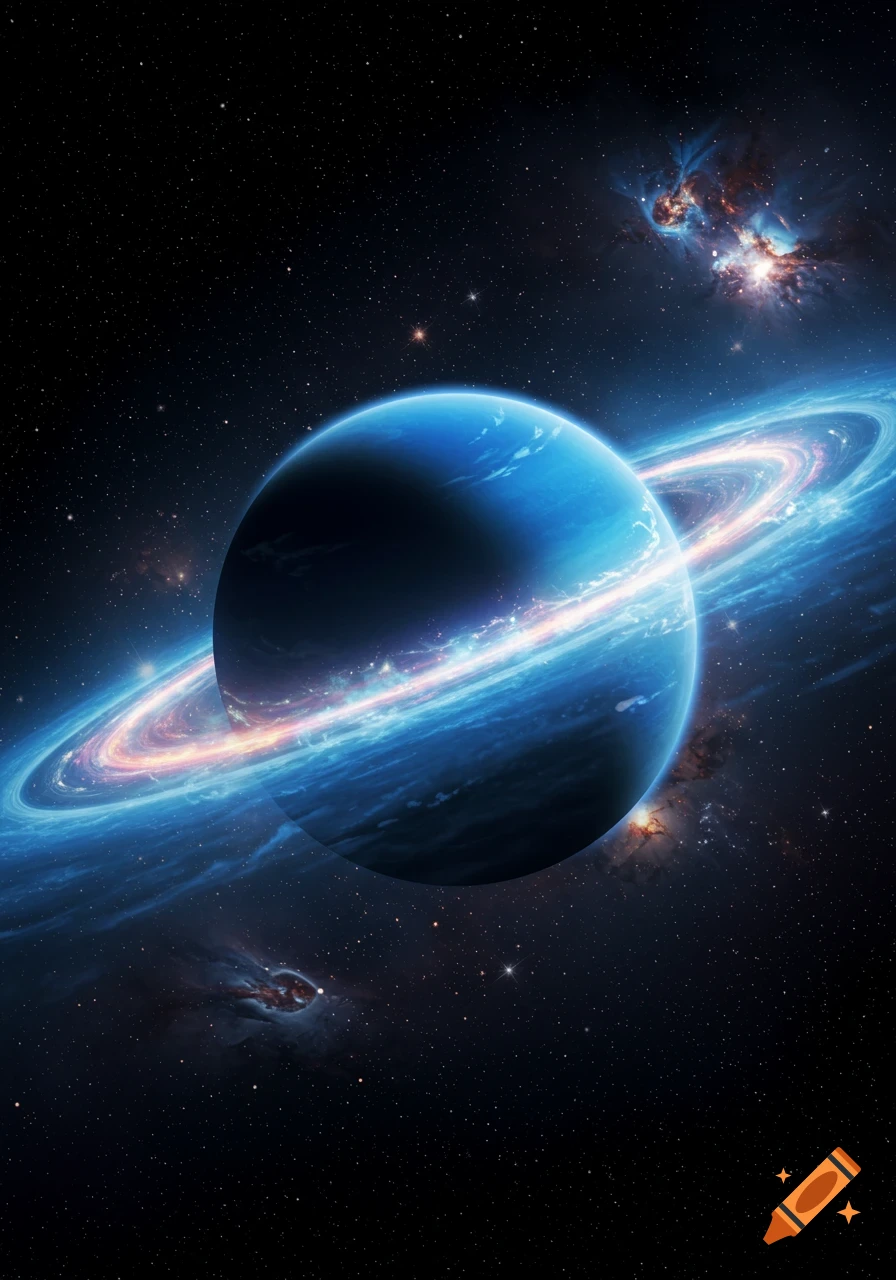 A vibrant blue planet with prominent glowing rings, surrounded by stars and distant nebulae in deep space, in a style inspired by Neptune and Orion.