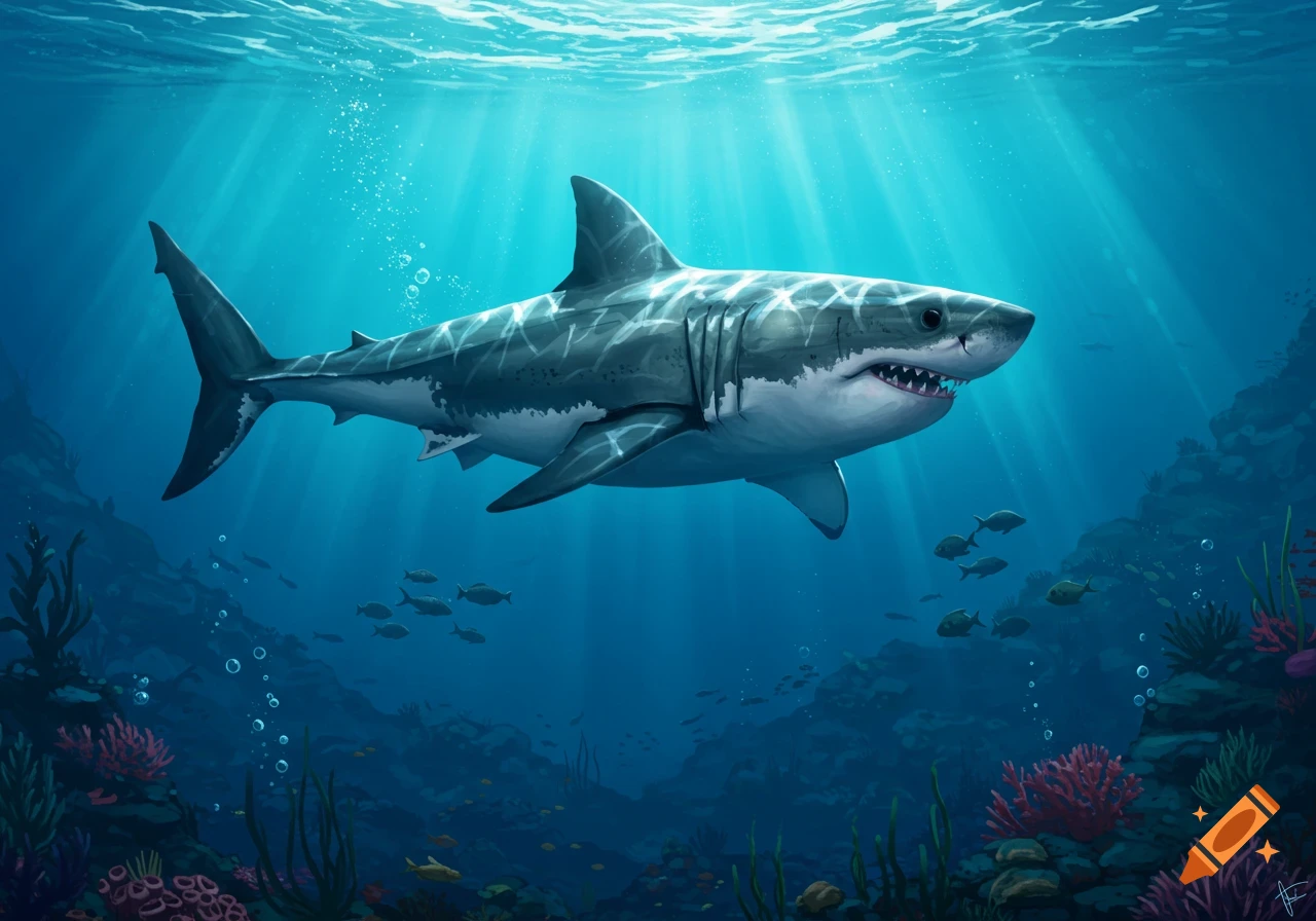 A large great white shark swims in sunlit blue water above a vibrant coral reef with small fish.