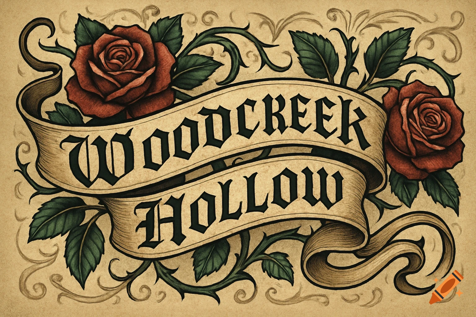 Vintage-style tattoo banner with 'WOODCREEK HOLLOW' text, flanked by red roses and green leaves on parchment background.