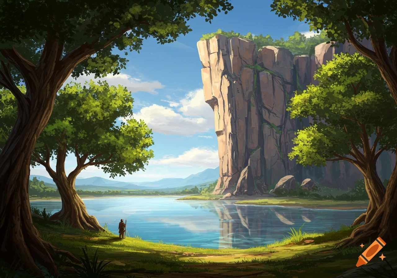 An illustrative fantasy landscape features a lone figure by a clear lake, framed by large trees, with a towering cliff and distant mountains under a blue sky.
