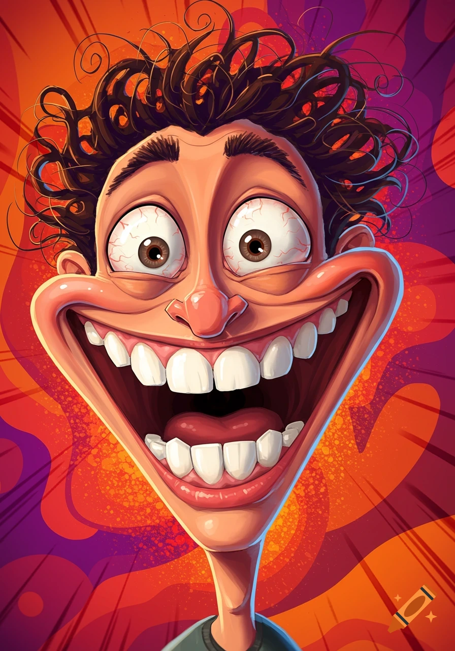A vibrant, exaggerated cartoon caricature of a man with wide eyes, a huge open-mouthed smile, and wild curly hair against an orange and purple background.