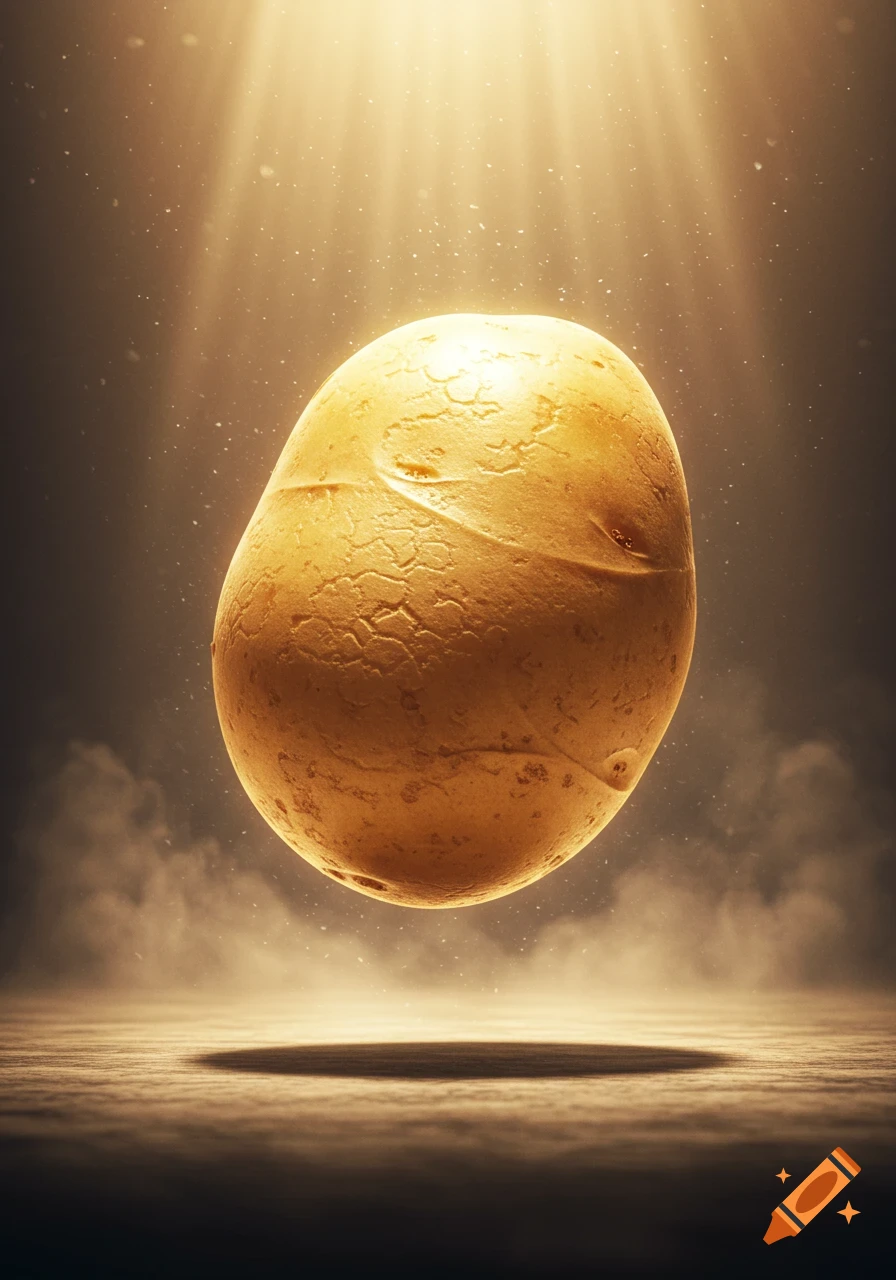 A golden potato glows, seemingly floating in a beam of light from above, against a dark, misty background.