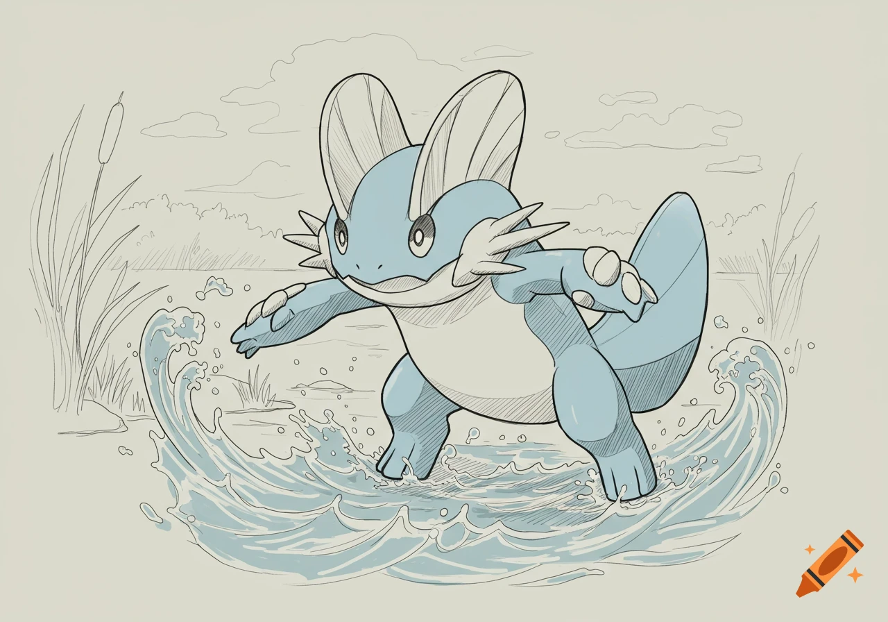 A light blue line art Swampert Pokémon stands in water with waves, reeds in the background.