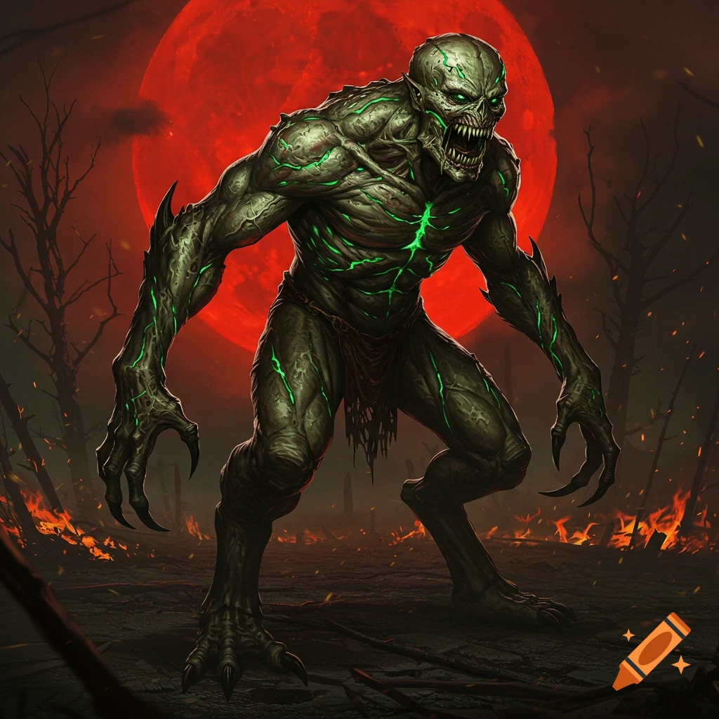 A menacing green-skinned monster with glowing veins and sharp claws stands in a desolate, fiery landscape under a blood-red moon, rendered in a detailed fantasy art style.