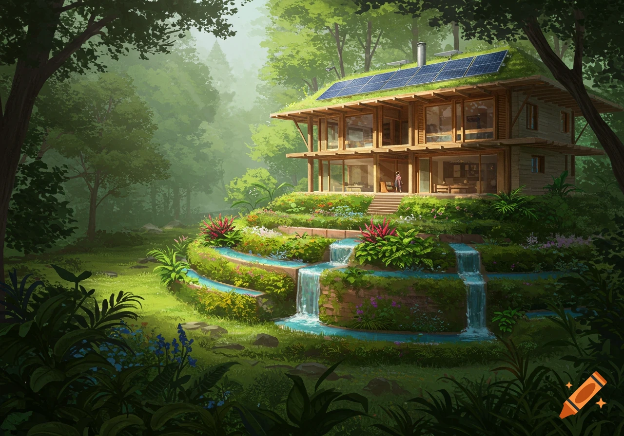 An illustrated house with a green roof and solar panels, nestled in a lush forest with terraced gardens and waterfalls.
