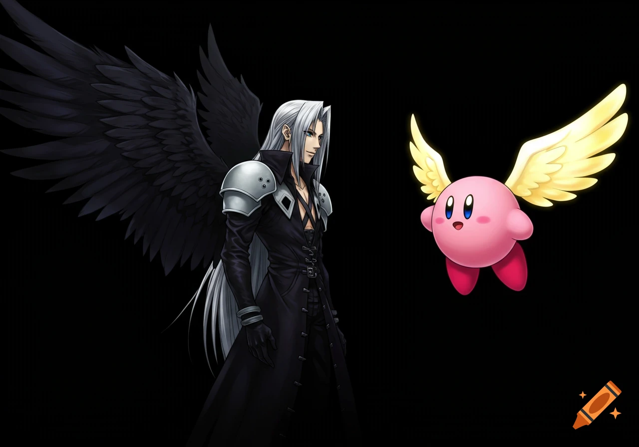 Sephiroth and Kirby with wings smiling on a black background in anime art style.