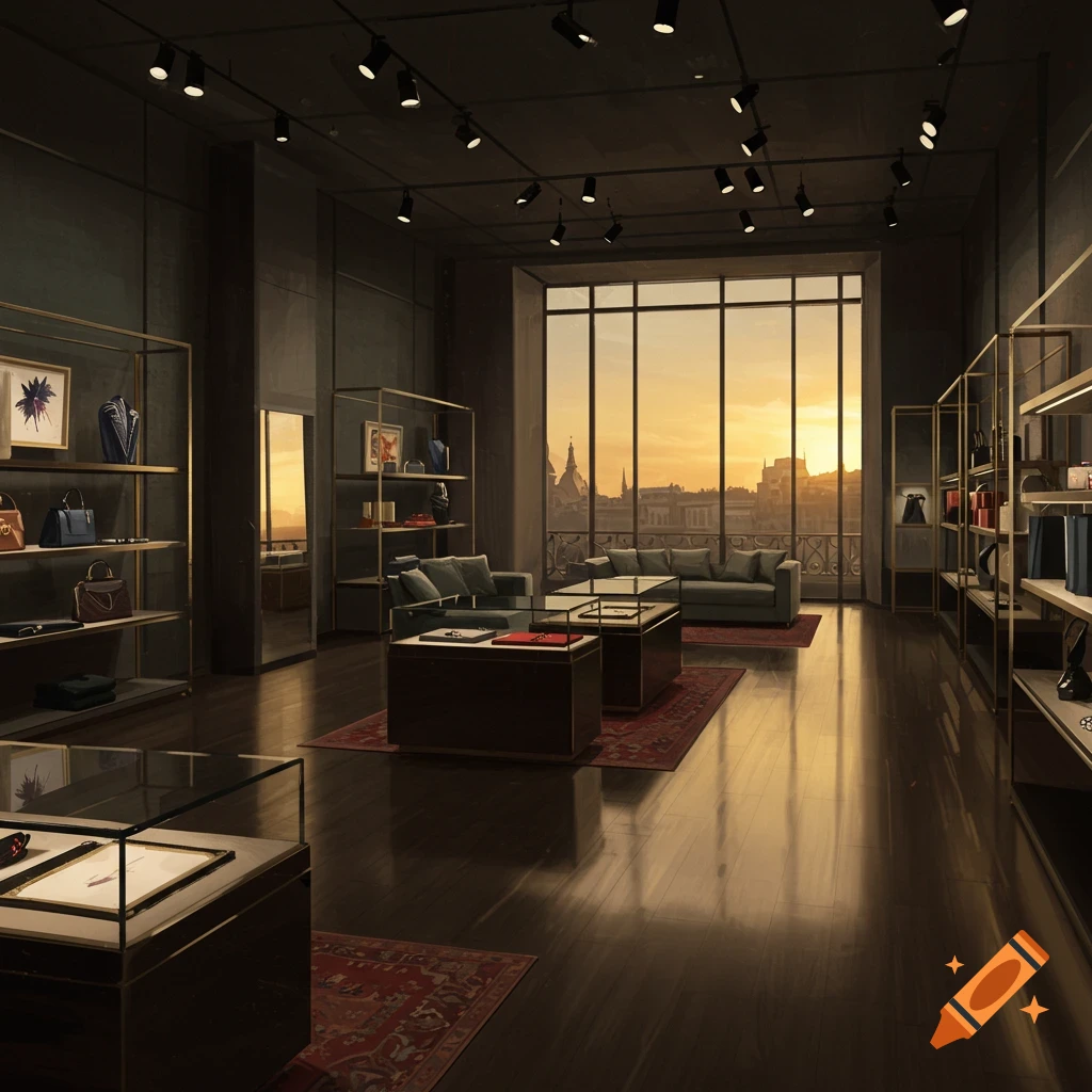 A luxurious boutique interior with gold-framed shelves displaying handbags and art, sofas, glass cases, and a sunset city view through large windows.
