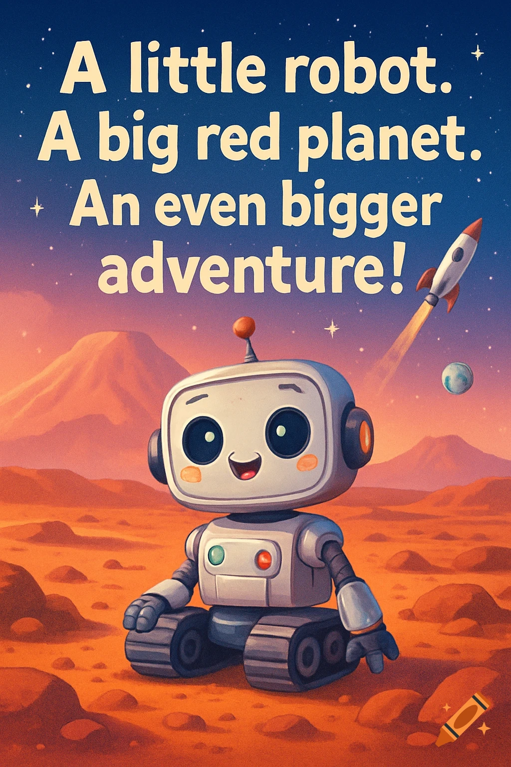 A friendly cartoon robot sits on a red Martian landscape with mountains under a starry sky, a rocket launching, and text.