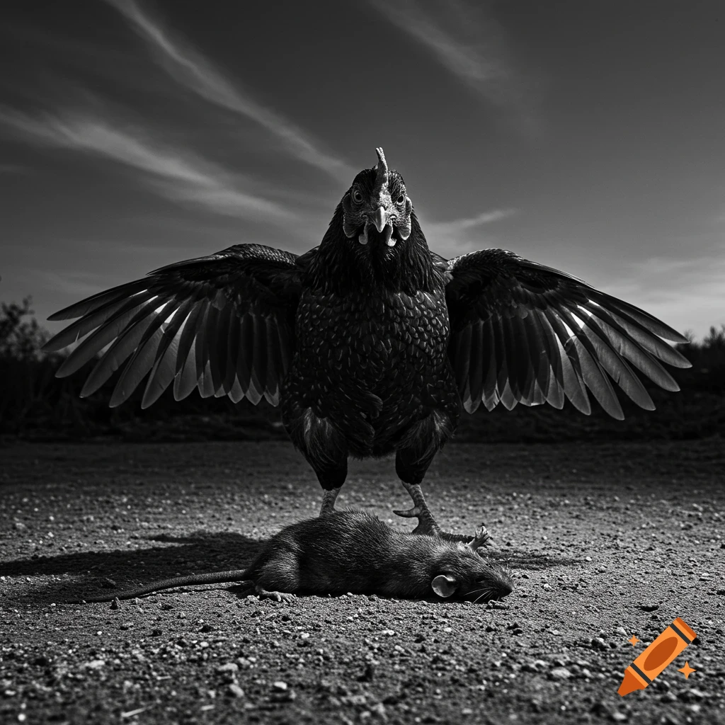 Black and white photorealistic image of a chicken with spread wings standing over a dead rat on dirt under a cloudy sky.