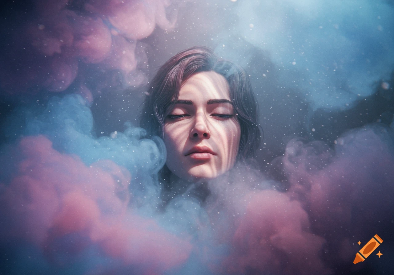Close-up of a woman's serene face with closed eyes, surrounded by swirling pink and blue smoke and sparkling particles.