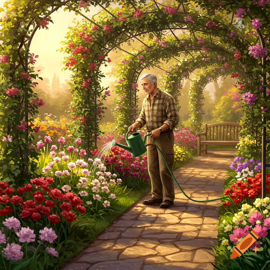 A man waters vibrant flowers along a stone path in a lush garden with rose-covered arches, rendered in a detailed painting style.