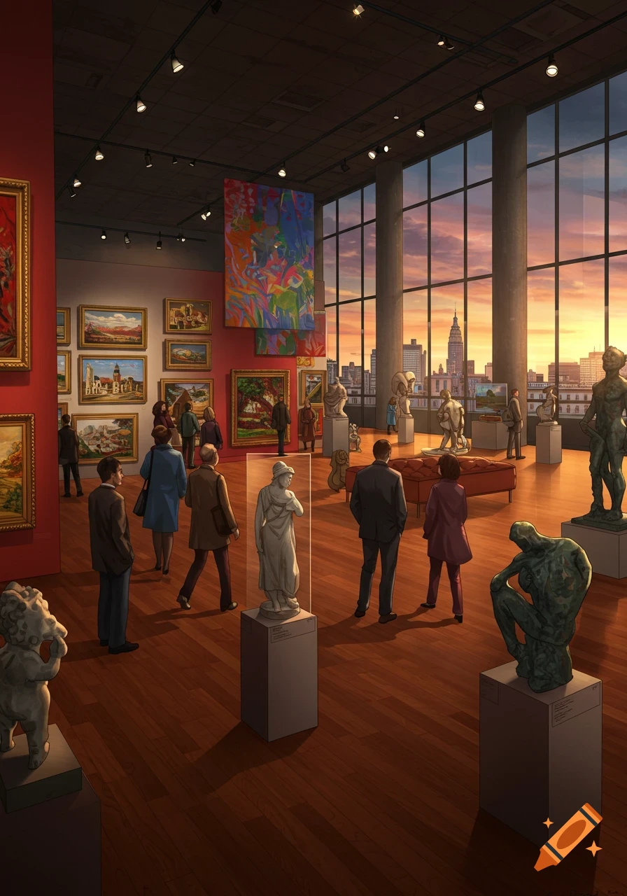 An illustrative art museum gallery with visitors admiring paintings and sculptures, with a city skyline visible through large windows at sunset.
