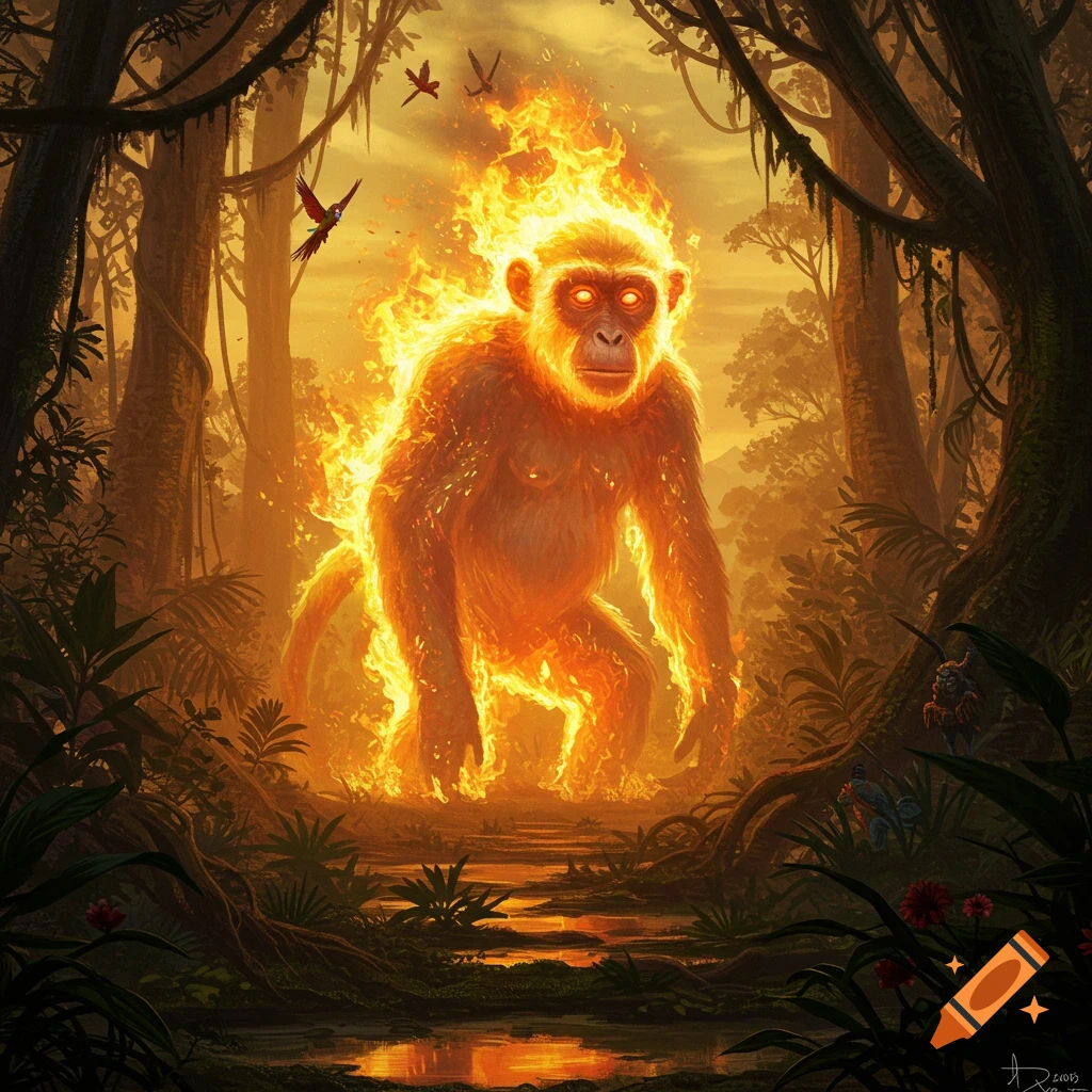 A giant monkey covered in orange flames stands glowing in a dark jungle. Digital fantasy art.