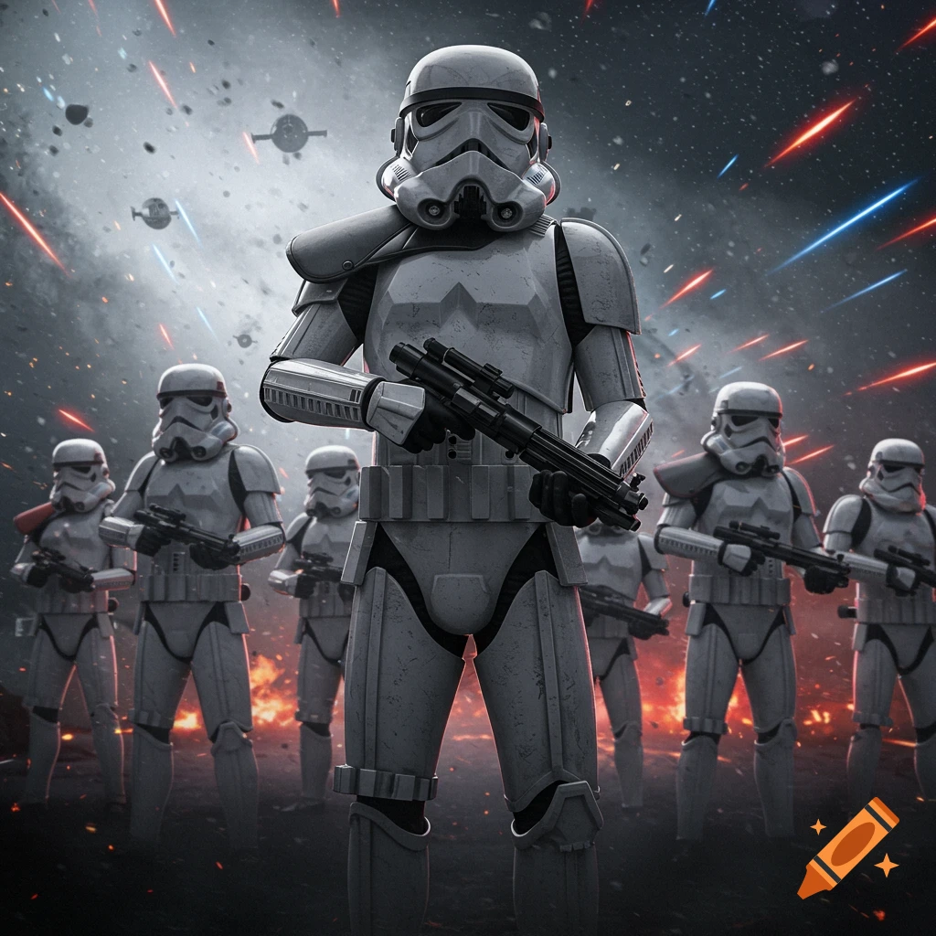 A group of detailed Star Wars Stormtroopers stand ready for battle, weapons in hand, against a backdrop of explosions and spacecraft.