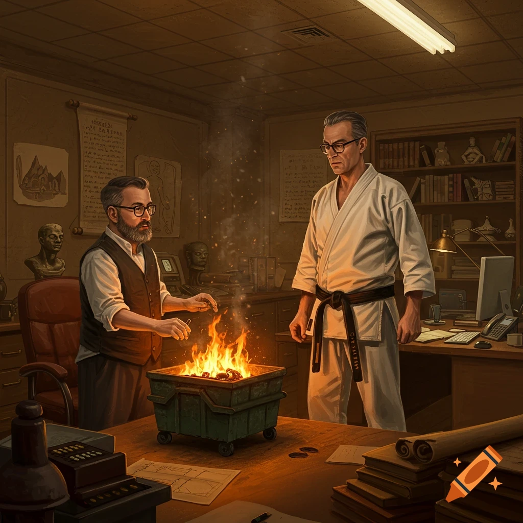 Two men in an office, one in a vest tending a small dumpster fire on a desk, the other in a white karate gi watching.