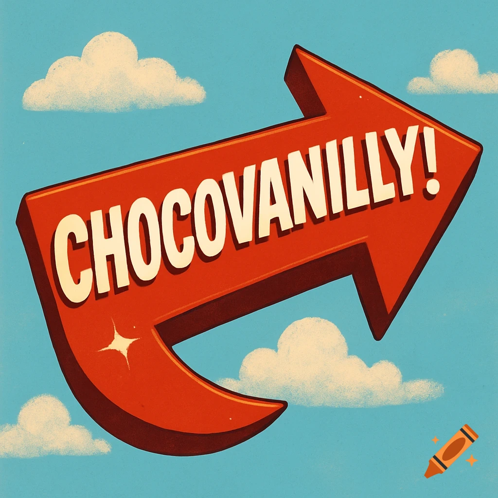 A large red arrow with "CHOCOVANILLY!" in white text, pointing to the right, against a blue sky with clouds in a retro illustration style.