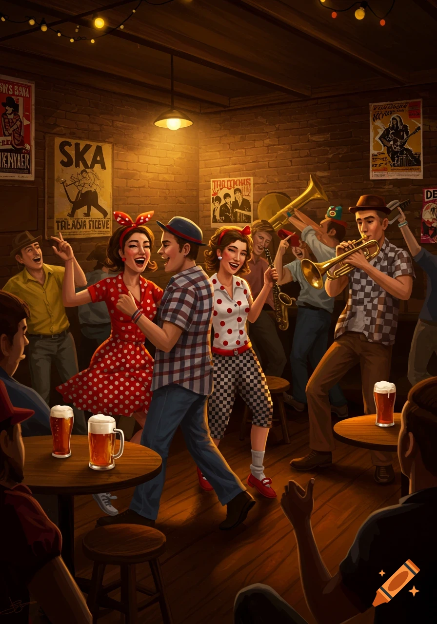People dancing and playing brass instruments in a dimly lit pub, with posters on the brick walls and pints of beer on tables. Stylized illustration.