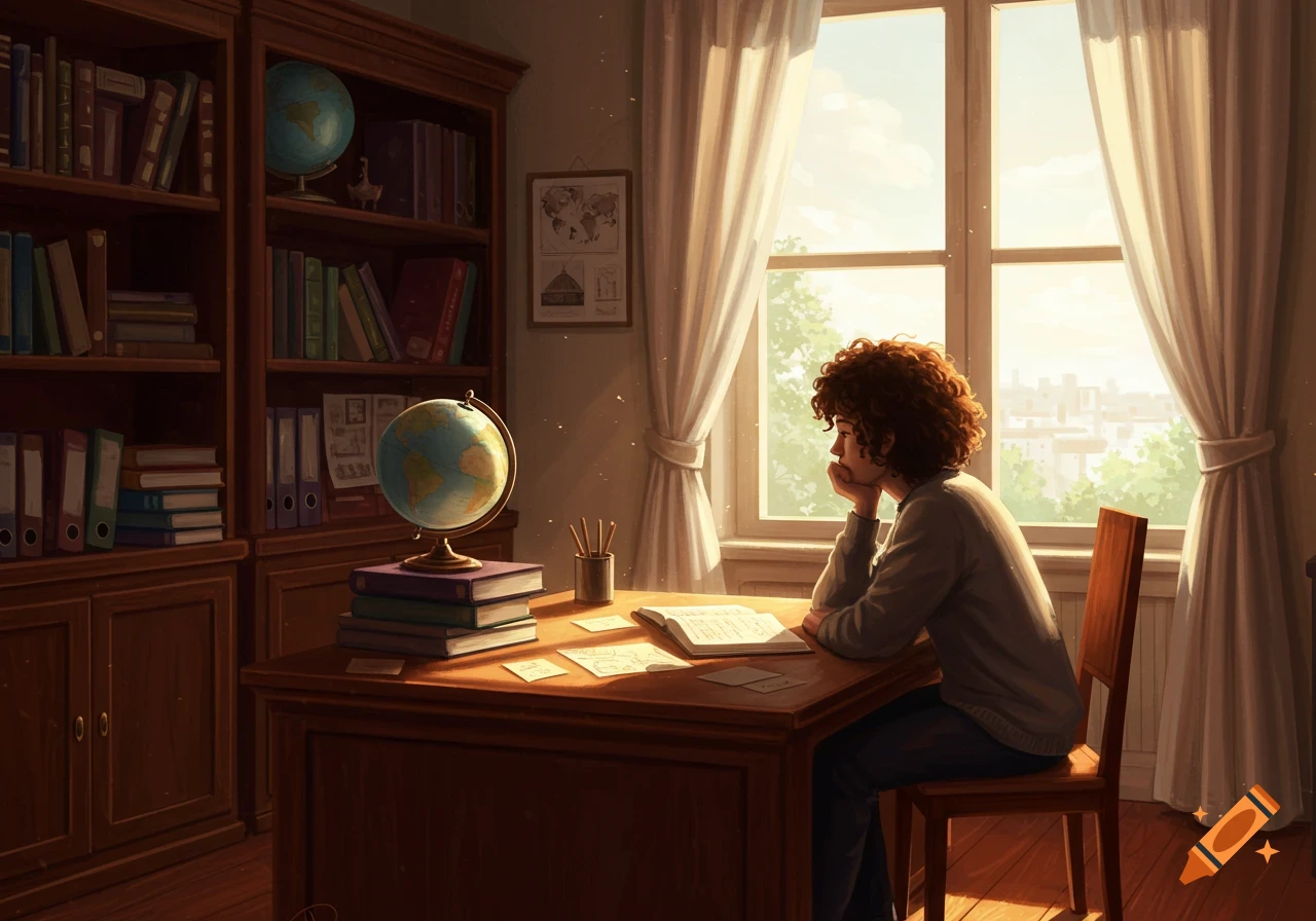 A curly-haired person sits at a wooden desk in a sunlit study with bookshelves, looking thoughtfully out a large window.